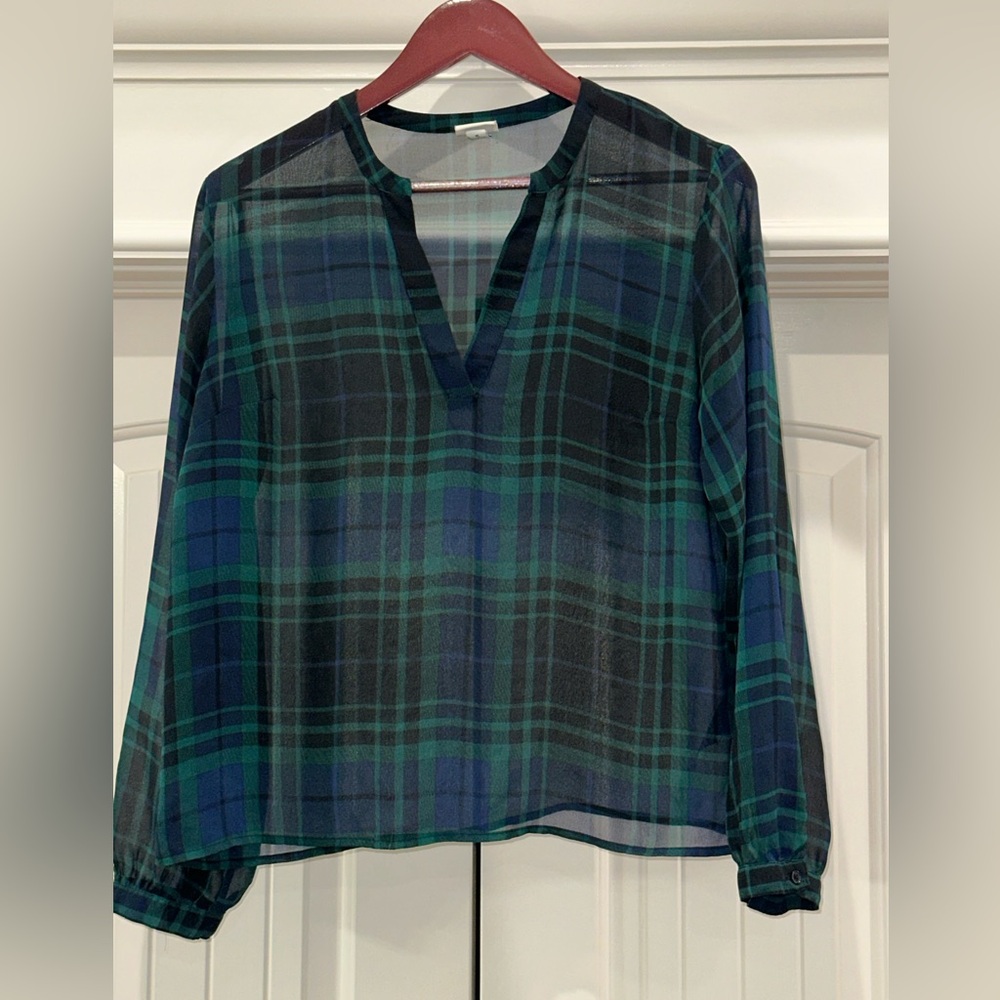 A New Day Sheer V-Neck Top | Plaid Blue/Green/Black | Medium